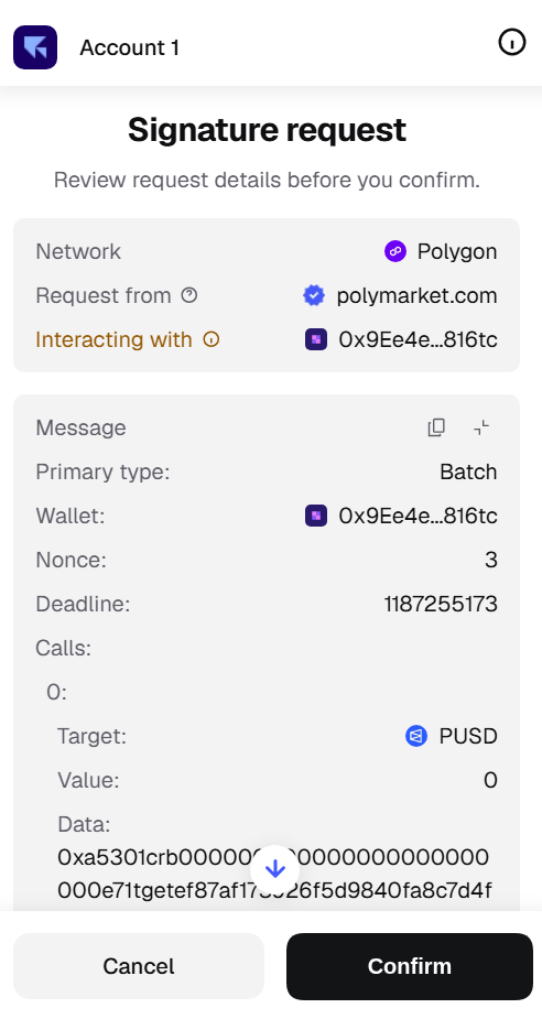 Example wallet signature request on Polygon from polymarket.com, showing a batch contract interaction with Cancel and Confirm options